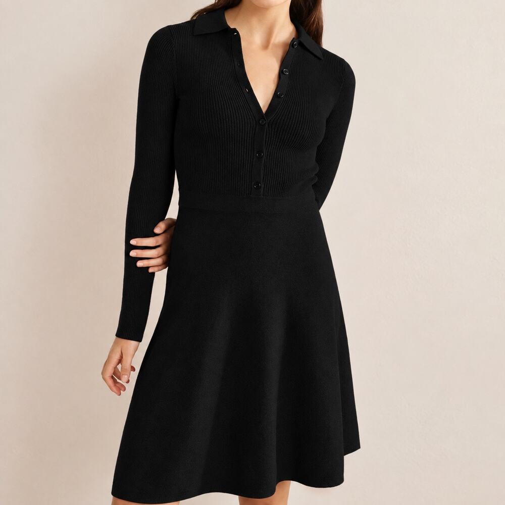 Boden Black Ribbed Detail Knitted Wool Blend Dress Women's 8L